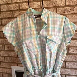 Nos Vintage 80s Pastel Plaid Dress 15-16 Mint Green Yellow Purple